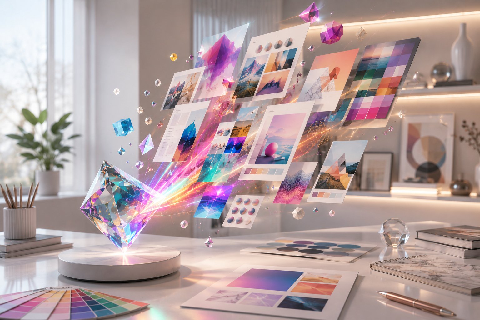 A premium crystal brain floating above a modern desk with glowing neural pathways and abstract knowledge particles, representing advanced conversational AI, intelligent writing, coding assistance, and creative problem-solving in a cinematic technology environment.