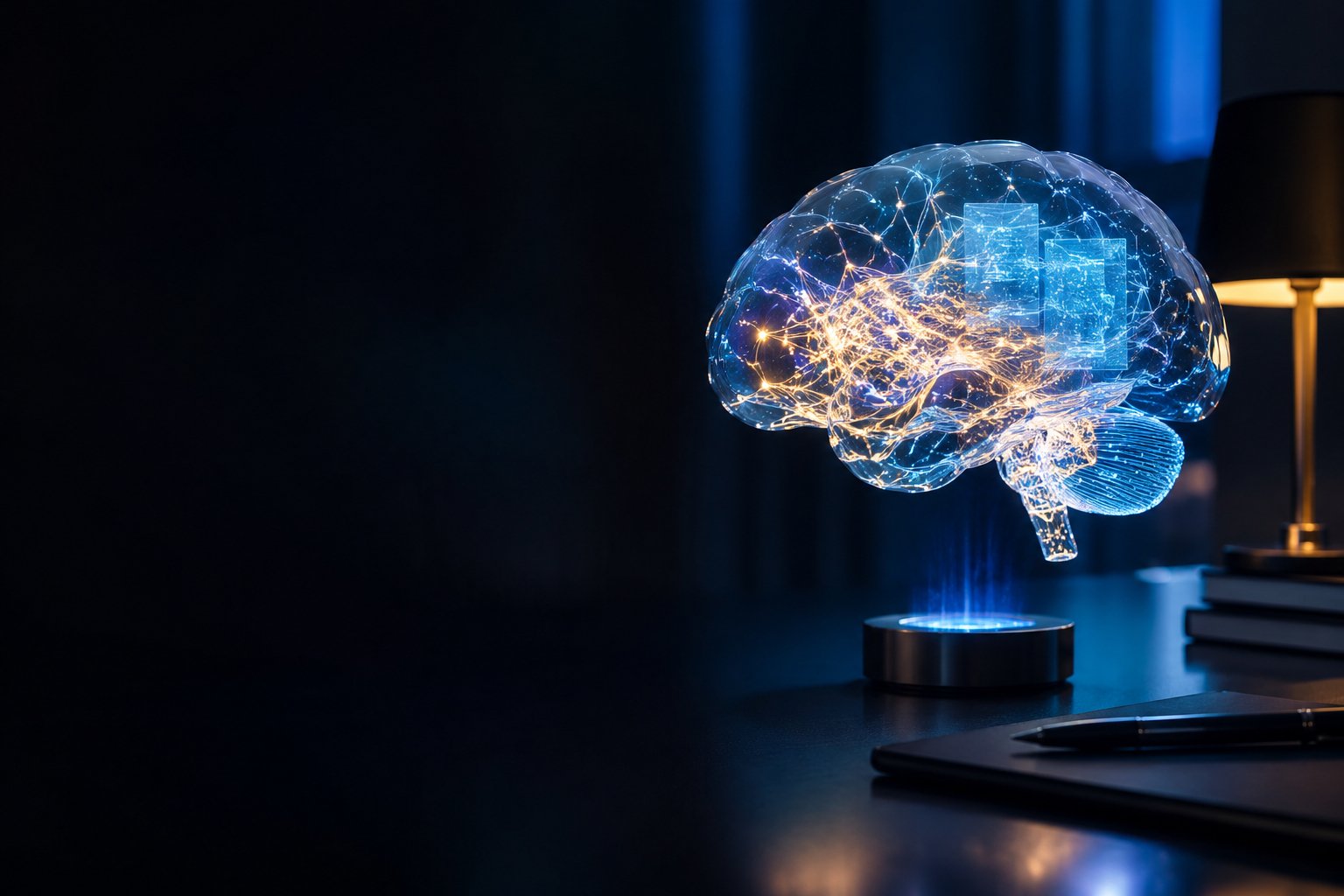 A premium crystal brain floating above a modern desk with glowing neural pathways and abstract knowledge particles, representing advanced conversational AI, intelligent writing, coding assistance, and creative problem-solving in a cinematic technology environment.
