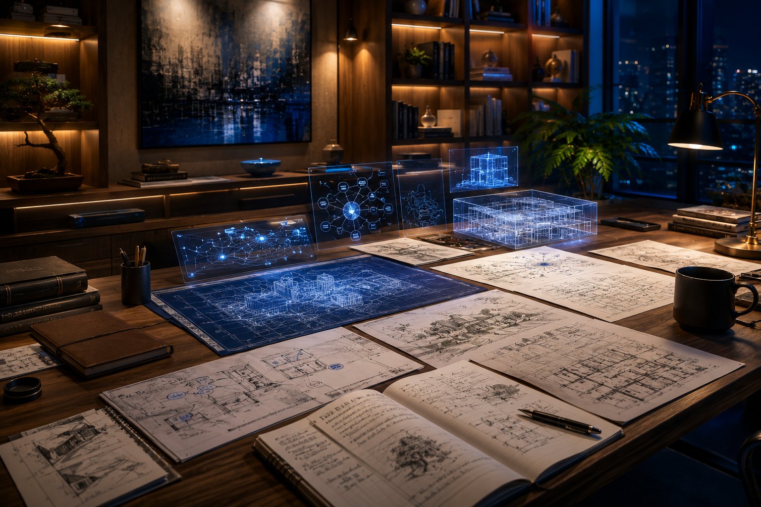 A premium crystal brain floating above a modern desk with glowing neural pathways and abstract knowledge particles, representing advanced conversational AI, intelligent writing, coding assistance, and creative problem-solving in a cinematic technology environment.