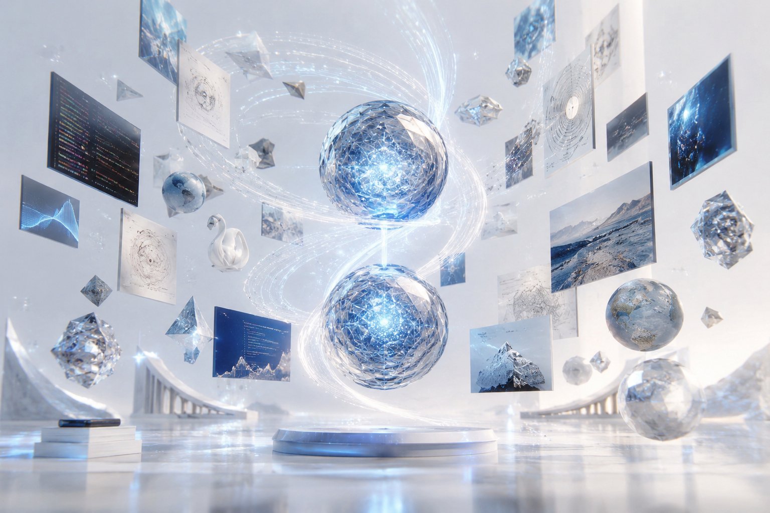 A premium crystal brain floating above a modern desk with glowing neural pathways and abstract knowledge particles, representing advanced conversational AI, intelligent writing, coding assistance, and creative problem-solving in a cinematic technology environment.