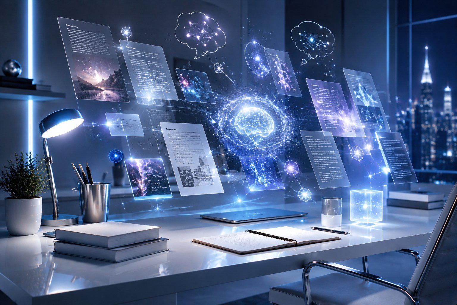Modern AI blogging workspace with documents, writing ideas, and content planning for a ChatGPT tutorial.