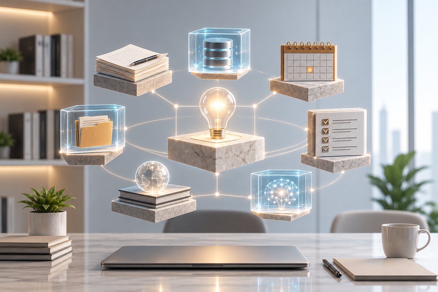 A premium crystal brain floating above a modern desk with glowing neural pathways and abstract knowledge particles, representing advanced conversational AI, intelligent writing, coding assistance, and creative problem-solving in a cinematic technology environment.