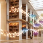 Futuristic editorial library representing the best free AI writing tools for bloggers and content creators