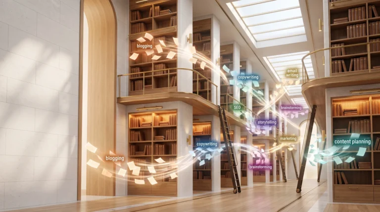Futuristic editorial library representing the best free AI writing tools for bloggers and content creators