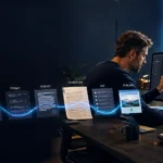 AI blog writing workflow showing the stages from idea and research to human editing, SEO, and publication