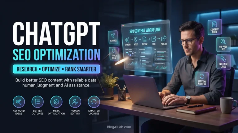 Blogger using ChatGPT SEO optimization to organize keywords, search intent, content editing, fact-checking, and on-page SEO.