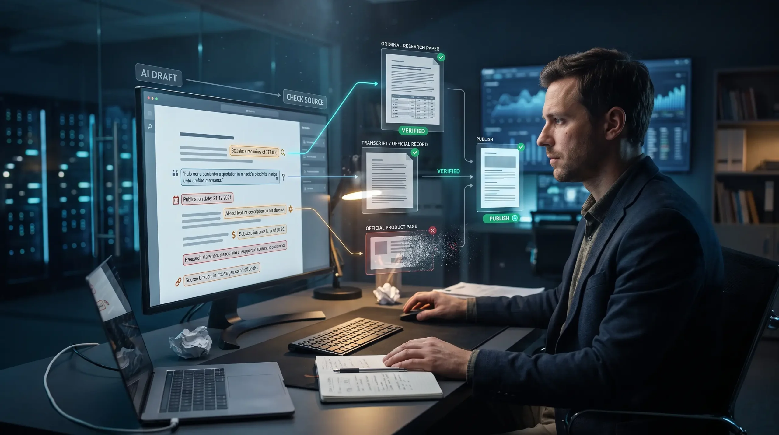 Blogger fact-checking AI-generated content by verifying sources, statistics, quotes, and product claims.