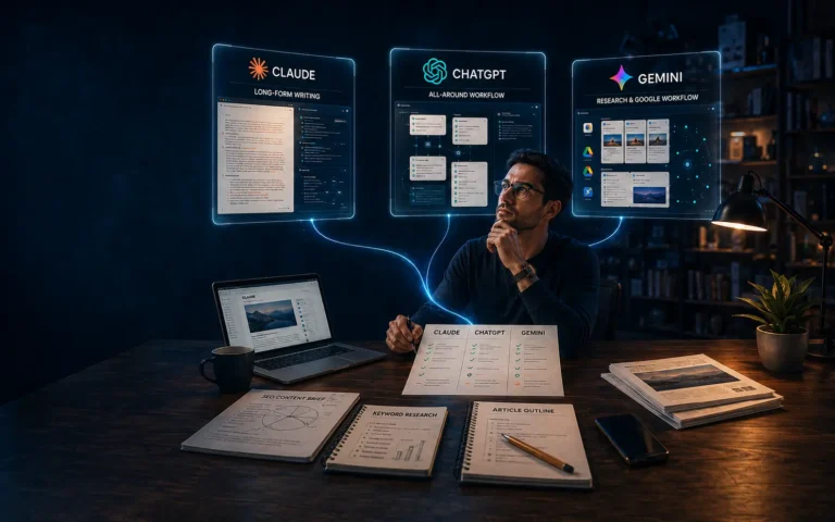 Claude vs ChatGPT vs Gemini for Bloggers comparison showing three AI assistants supporting a blogger’s writing and research workflow