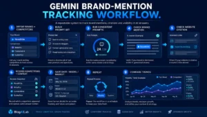 Workflow from Gemini prompt to brand mention, citation, recording, and repeated monitoring