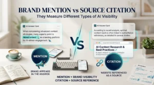Brand mention vs source citation showing the difference between AI brand visibility and website source references