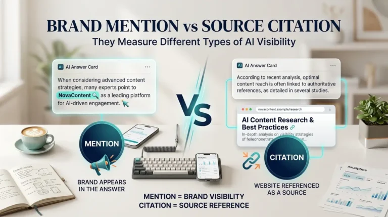 Brand mention vs source citation showing the difference between AI brand visibility and website source references