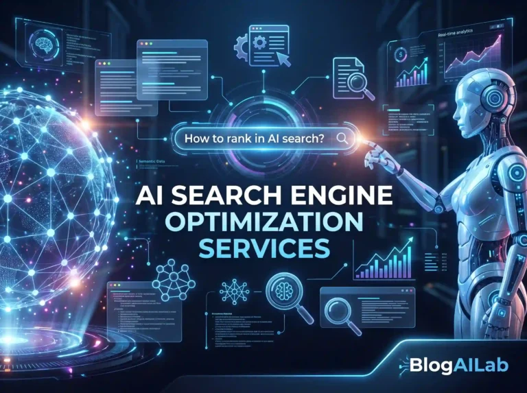 AI search engine optimization services diagram showing a metallic robot pointing at a search interface.