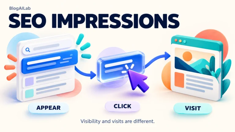 Colorful SEO impressions illustration showing a search result, a purple click cursor, and a blog visit.