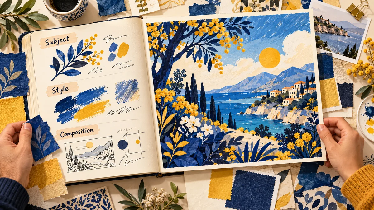 Open notebook showing subject, style and composition beside a blue and yellow coastal illustration.