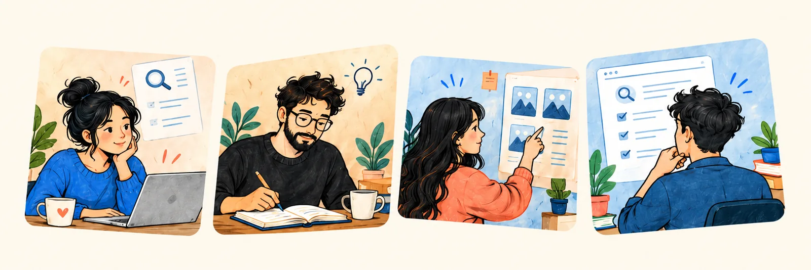 Four illustrated creators researching on a laptop, writing in a notebook, creating visual content and reviewing a search worksheet.