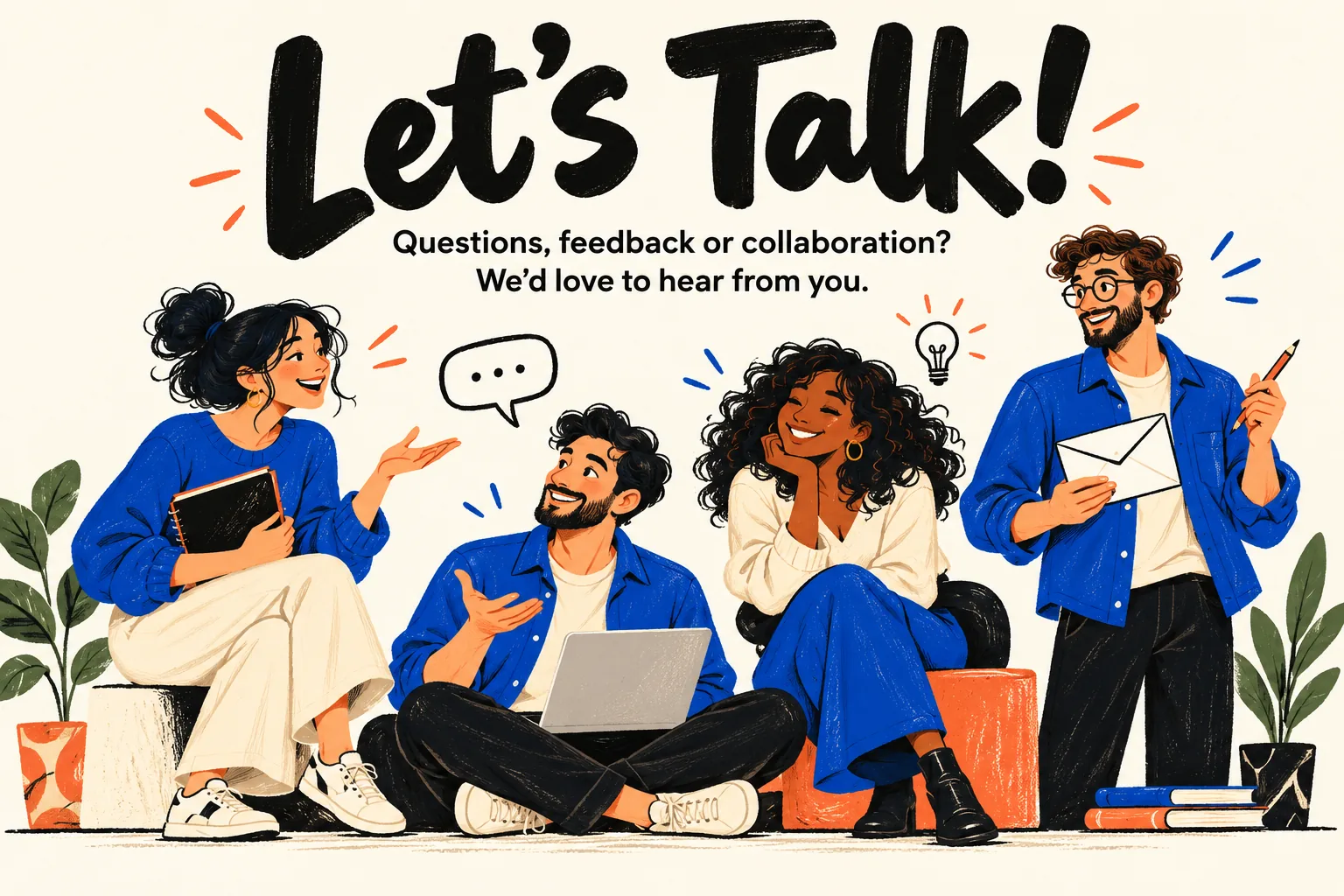 Let’s Talk! Questions, feedback or collaboration? We’d love to hear from you. Four illustrated creators with a notebook, laptop and envelope.
