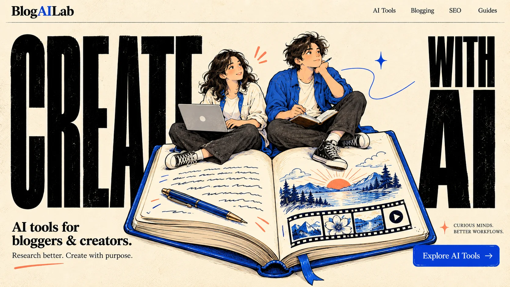 Create with AI: AI tools for bloggers and creators. A woman and a man work above a blue notebook with writing, illustration and video frames.