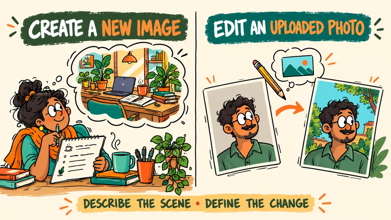 Illustration comparing a ChatGPT photo prompt for a new workspace image with instructions to edit an uploaded portrait.