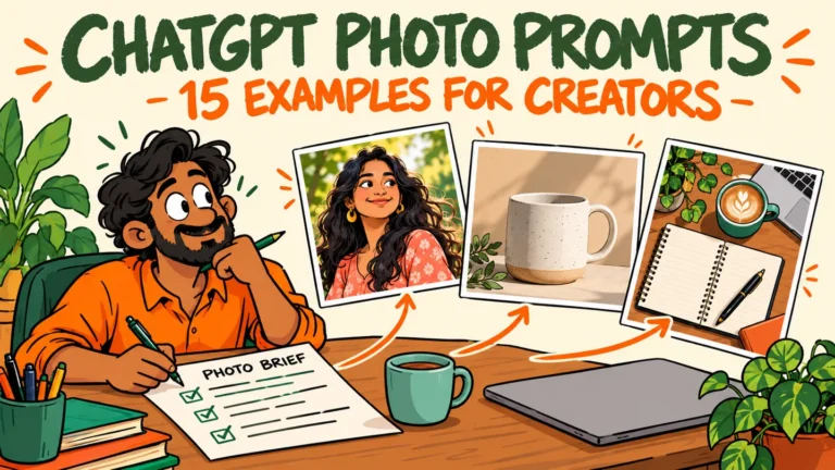 ChatGPT photo prompt illustration showing a creator writing a brief beside portrait, ceramic mug, and workspace examples.