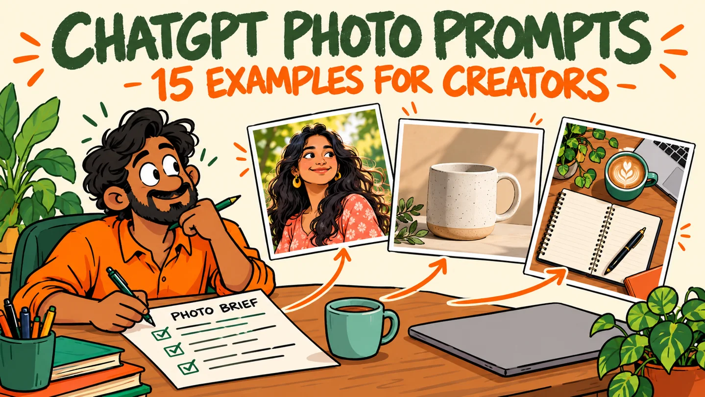 ChatGPT photo prompt illustration showing a creator writing a brief beside portrait, ceramic mug, and workspace examples.