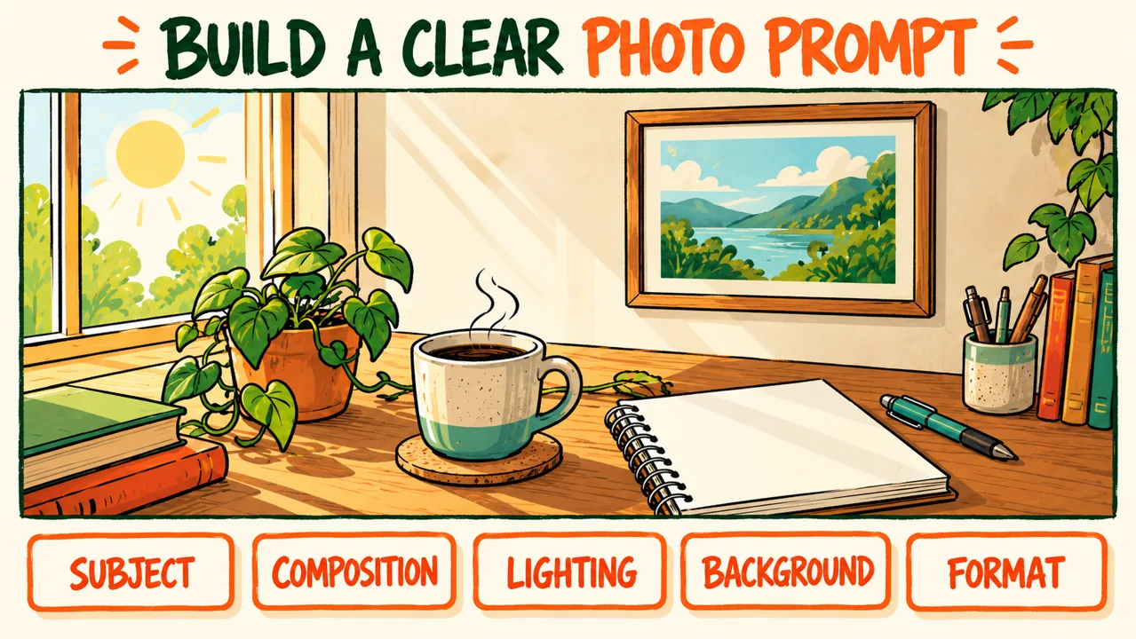 Coffee and notebook illustration listing five photo prompt components: subject, composition, lighting, background, and format.