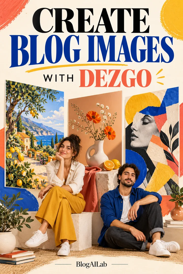 Dezgo guide poster with two creators, artwork cards and the words Create Blog Images With Dezgo.