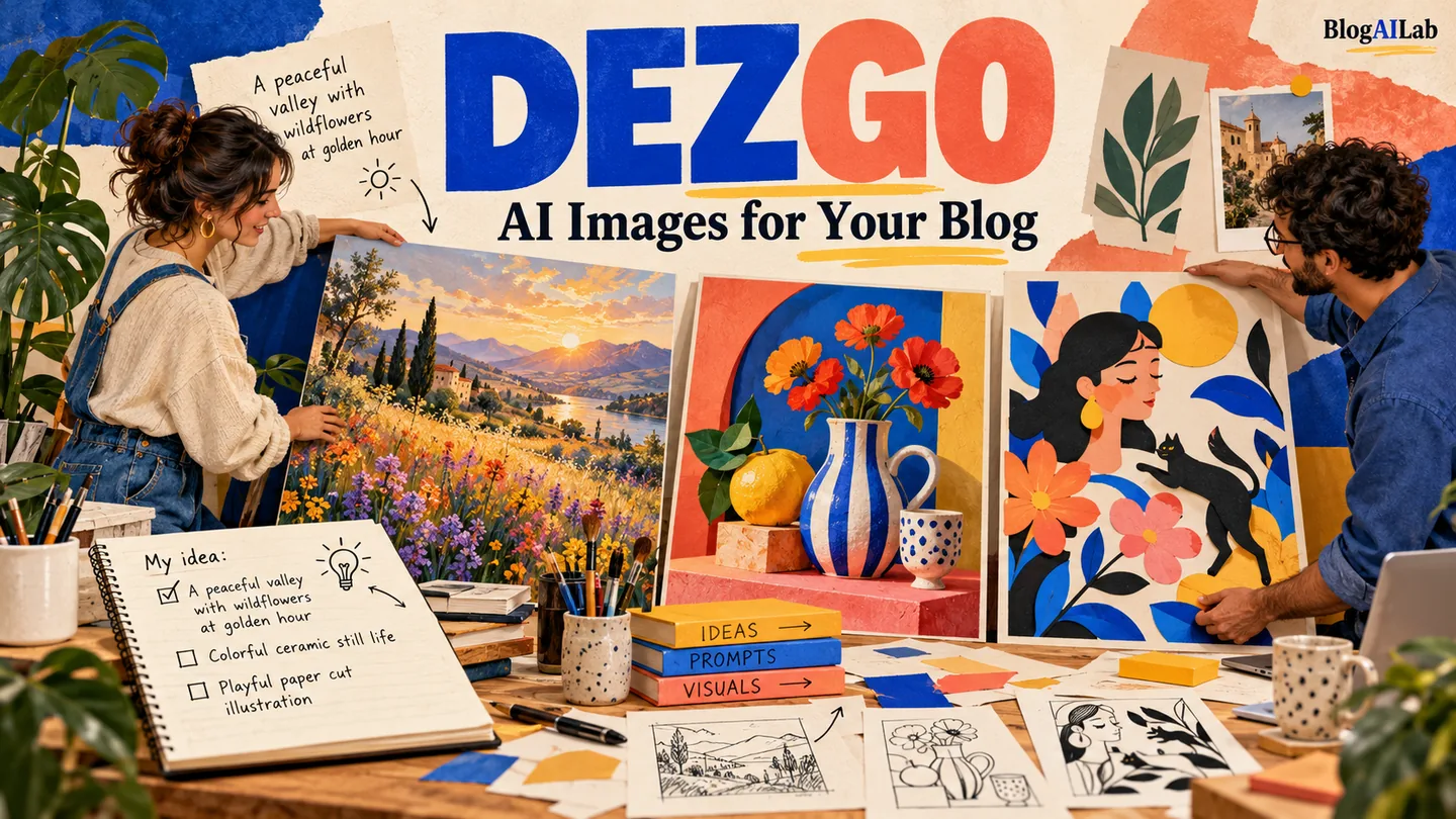 Two creators arrange landscape, still-life and collage artwork beneath Dezgo AI Images for Your Blog lettering.