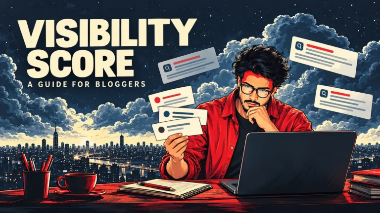 Visibility score illustration showing a blogger comparing keyword cards and search-result placements.
