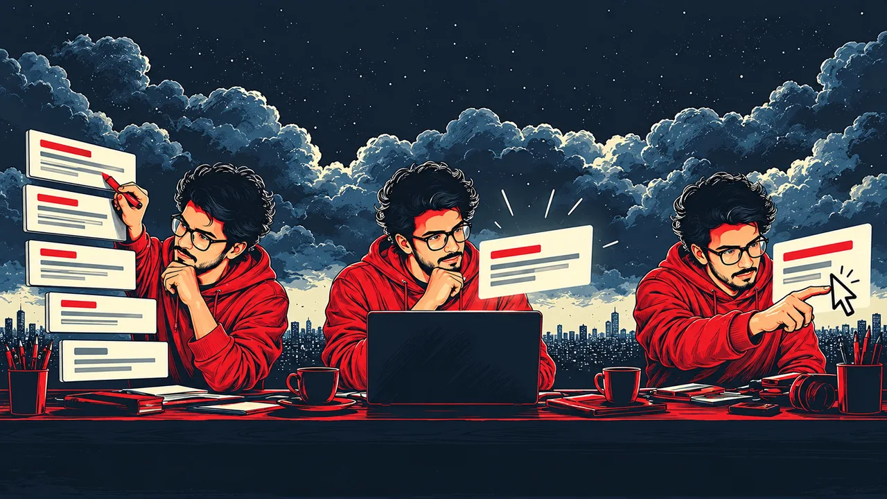 Three illustrated scenes showing ranking review, a visible search result, and selecting a link.