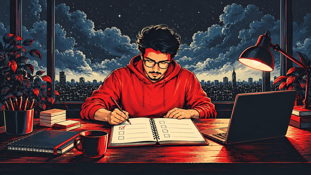 Blogger recording a weekly SEO visibility review in a checklist beside a laptop.